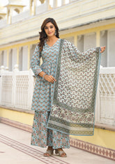 Grey Floral Printed Cotton Kurta Sharara And Dupatta Set With Sequins-P1182GREY